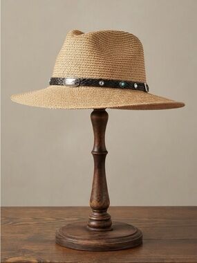 Western Straw Fedora Hat with Scorpion Concho & Studded Band - Made in Mexico